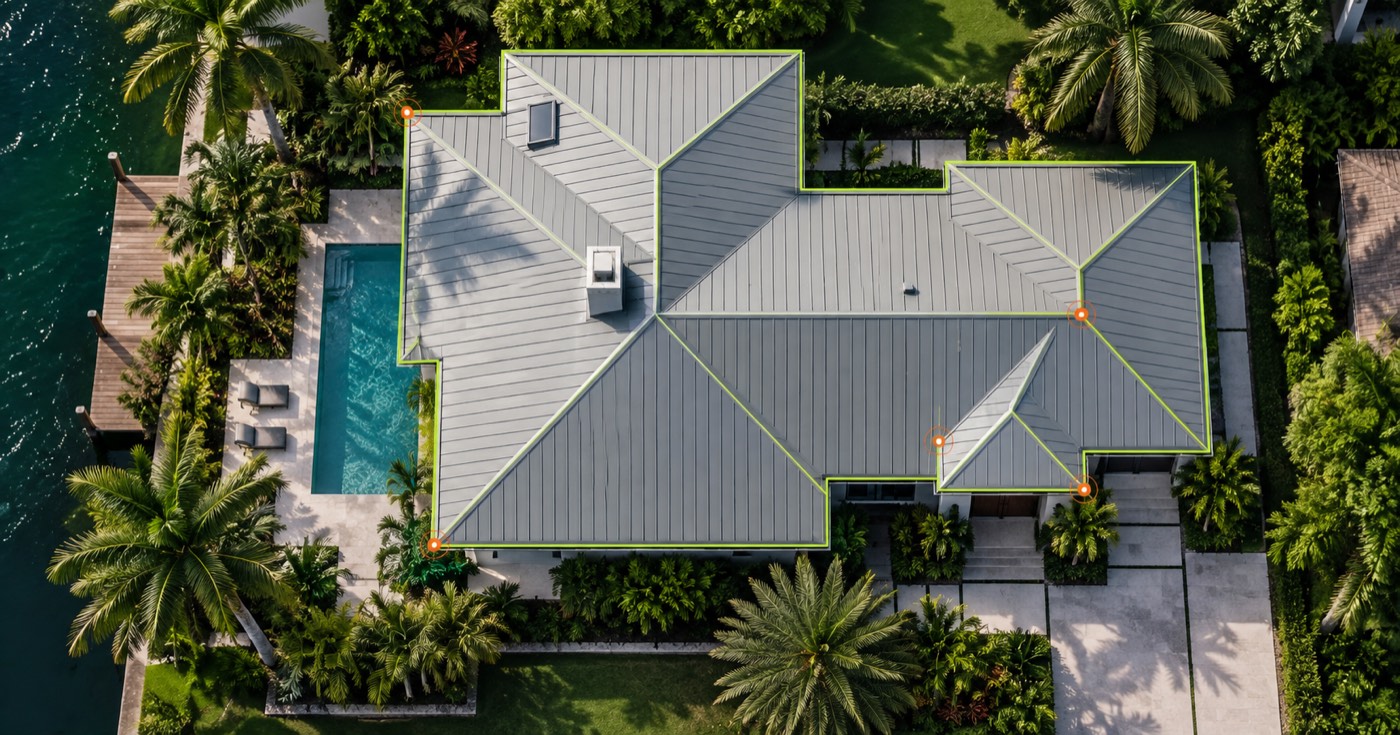 Aerial view of a standing-seam metal roof with measurement lines for a Boynton Beach inspection