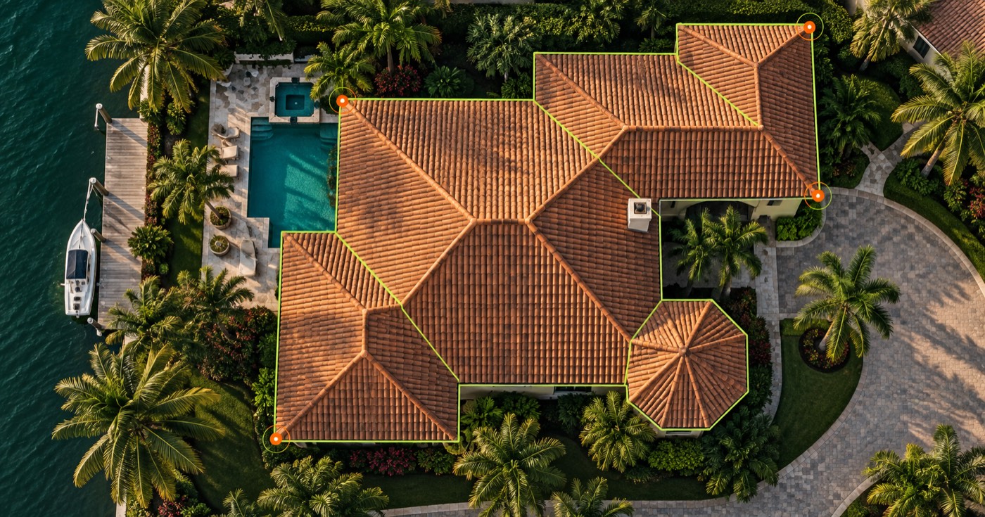 Aerial view of a terracotta tile roof with measurement lines for a West Palm Beach inspection
