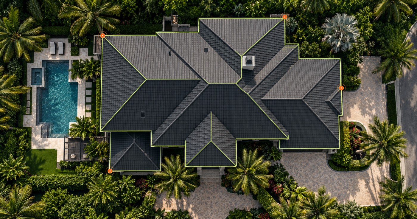 Aerial view of a charcoal tile roof with measurement lines for a Delray Beach inspection
